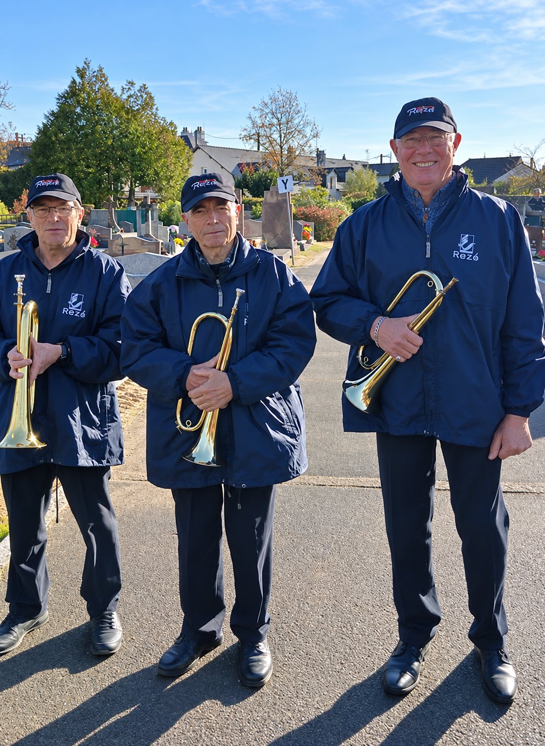 Trois hommes en vestes bleu marine et casquettes tiennent des trompettes dorées et sourient devant un cimetière par une journée ensoleillée.